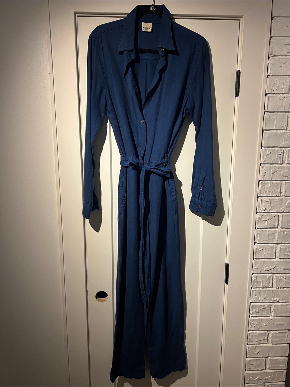 baldwin Navy Blue Long-Sleeve Button Jumpsuit with Tie Waist